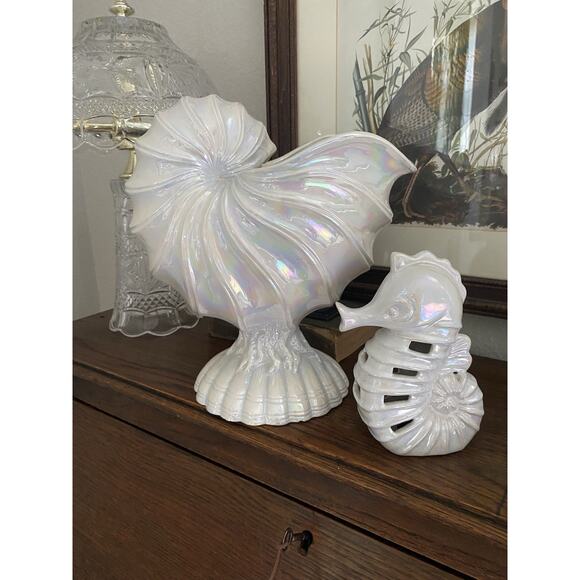 Vintage Midcentury Lusterware Seashell Planter Iridescent Vase Seahorse Figure